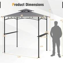 8' X 5' Grill Gazebo Outdoor Double-Tiered Grill Canopy W/ 2 Shelves & 6 Hooks - Grey and Black - View 2