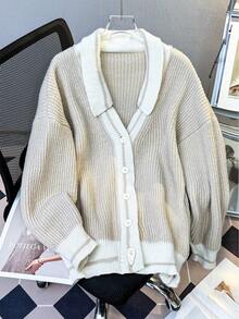 JIANHU Beige Striped V-Neck Cardigan - Autumn/Winter Knit Sweater, White Ribbed Trim And Buttons | Christmas Baking And Cozy Home - Khaki - View 2