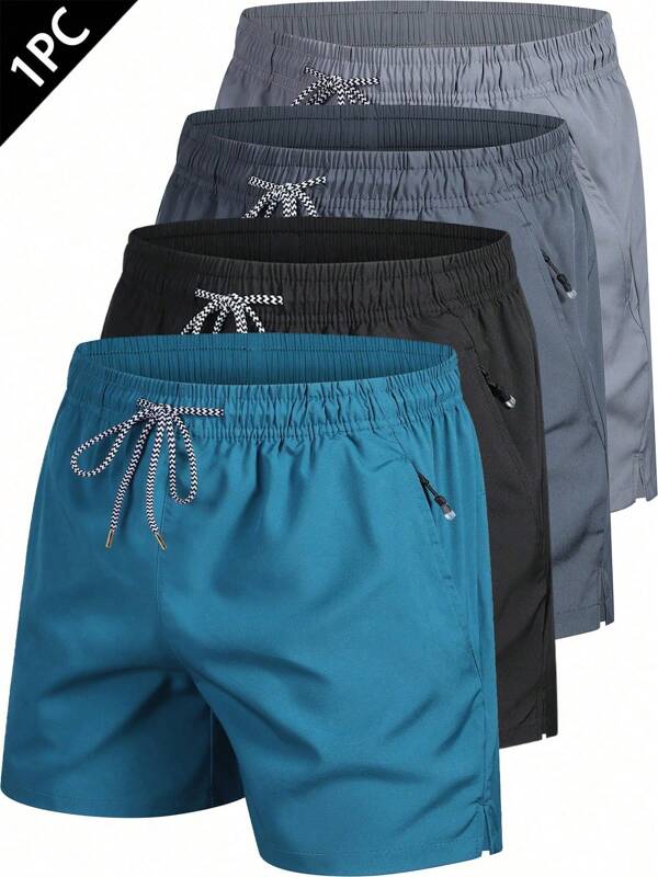 Pantalones cortos de verano informales de 1 pieza para hombres, con bolsillos laterales con cremallera, cordón ajustable, para fitness al aire libre, ciclismo casual