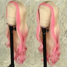 13X4 Free Part Black Green Highlights Body Wave Lace Front Wigs Pre Plucked Soft Long Wavy Hair Wigs Heat Resistant Wave Wigs Glueless Christmas Wig Long Wavy Synthetic Lace Front Wigs For Women Perfect For Daily Wear & Parties - 挑染粉色 - 查看 3