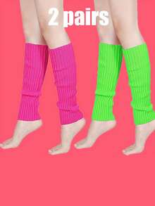 2 Pairs 80s Women Neon Leg Warmers Knit Ribbed Leg Warmer For Party Accessories, Y2k, Cozy - Multicolor - View 2