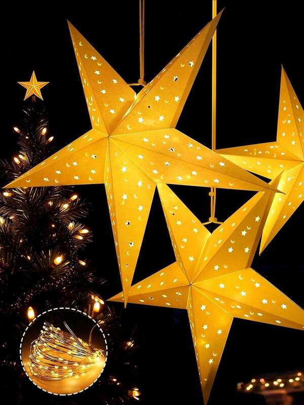 Luz de estrella colgante y plegable con LED, luz de papel en forma de estrella y luna, adecuada para decoración de habitaciones, fiestas, luces de jardín navideñas, decoración de bodas, regalos de cumpleaños y graduación