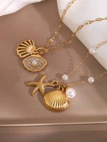 1 Set Ozean-Elemente-Stil weiße Kunststoff-Perlenkette mit Edelstahl-Muschel- und Seestern-Anhänger, geeignet für den täglichen Gebrauch von Frauen oder den Strandurlaub