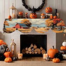 1 pieza/72 piezas Cubierta para repisa de chimenea y camino de mesa - Extra largo 79x20 pulgadas Decoración de granja de otoño con graneros rojos, follaje de otoño en naranja/rojo/amarillo - Chal resistente de poliéster para chimenea para Acción de Gracias, Festival de la Cosecha, Sala de estar, Decoración del hogar de temporada - Multicolor-04 - Ver 2