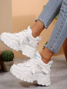 白色休闲厚底运动鞋，百搭女士坡跟厚底鞋 - 銀色 - 查看 6