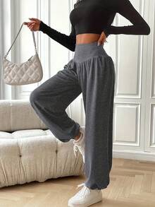 Pantalones de chándal de cintura alta y pierna ancha para mujer - Cintura con cordón gris, corte holgado, pantalones casuales para comodidad en todas las estaciones, pantalones para todas las estaciones | Pantalones de corte relajado | Mallas de tela de poliéster