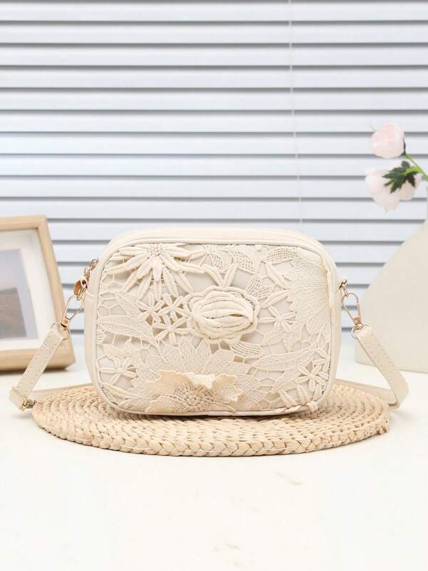 Bohemian Lace Hollow Embroidered Shoulder Bag, Floral Applique Pattern Lightweight Versatile Fashion Handbag, Solid Color Square Bag, Suitable For Party Dress, Party Bag, Holiday Party Dress, Valentine's Day Gift, Bridal Bag, Bridesmaid Bag, Suitable For Party, Date, Wedding, Evening (Pattern Random)