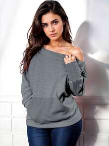 Suéter Casual Para Mujer Con Hombro Descubierto, Manga Larga y Bolsillo Frontal – Estilo Oversize, Beige Neutro - Gris - Ver 2