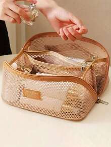 Large Capacity Nylon Mesh Toiletry Bag, Summer Travel Makeup Organizer Bag, Cosmetic Bag, Breathable Multi-Layer Cosmetic Organizer Bag, Portable Travel Makeup Bag, Fashion Travel Toiletry Bag, Makeup Tool Storage Pouch, With Compartments For Toiletries And Makeup Tools, Minimalist Style With Zipper Closure, Top Single-Hand Carry Handle, Perforated Design, Travel Essential, Cruise Must-Have - Multicolor - View 3