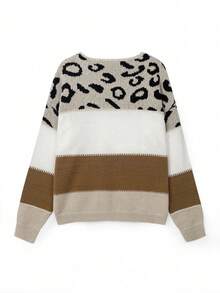 Women's Oversized Cute Colorblock Leopard Print Sweater, Casual Comfortable Ribbed Knit Crew Neck Long Sleeve Pullover Top - Multicolor - View 7