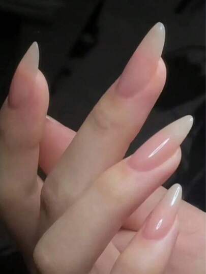 24 件短杏仁形、长棺材形、短方形、渐变杏仁色人造指甲，带推杆和凝胶按压指甲，美甲用品，美甲