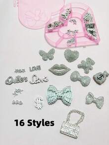 43 piezas/caja Paquete de encantos con tema Y2K plateado, bolso con monedas con strass, bolso con cadena con forma de corazón y mariposa, encantos de lujo brillantes con símbolo del dinero, estrella de cinco puntas, accesorios decorativos 3D para manualidades, clips para el cabello, al por mayor