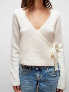 Jersey de mujer con cuello en V profundo y frente cruzado - Suéter corto de punto de manga larga con lazo lateral y ajuste ceñido - Marfil - Ver 2