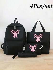 4pcs/Set Y2K Bow Print Functional Simple Backpack Set School Bag Set, Fashion Backpack, Large Capacity Shoulder Bag, Portable Pencil Bag, Coin Purse, College Style Cartoon Casual Style, Suitable For Teenage Girls,Junior High School And High School Student, College And High School, Perfect For Outdoor, Travel And Back To School,Back To School Supplies,School Bag For Girls