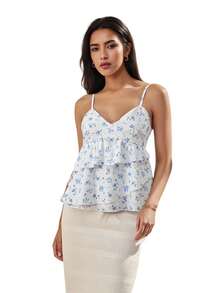 Women's Maternity Camisoles Spaghetti Straps Floral Pattern Ruffled V Neck Crop Tank Tops For Summer - Blue - View 5
