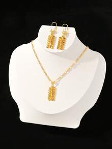 Bộ trang sức mặt dây chuyền hoa tai sang trọng tối giản dành cho nữ, thay thế cho trang sức vàng - Vàng - Xem 9
