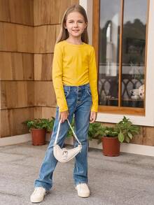 Haloumoning Girls Long Sleeve Shirts Crewneck Ruched Side Slim Fit Tops Ribbed Knit Casual Tee Shirt 4-15 Years