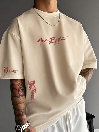 Camiseta de manga corta casual con estampado de eslogan para hombre, verano