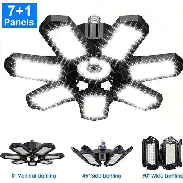 Iluminación LED para garaje de 200 W E26/E27, 7+1 luces LED para garaje, luz de techo deformable para garaje, luces LED para taller, paneles ajustables para sótano y ático.