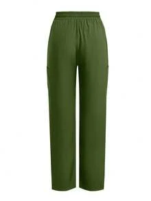 Women's Scrub Pants, Comfortable Pants, Solid Color Simple Multi-Pocket Contrast Tape Loose Pants - Green - View 8
