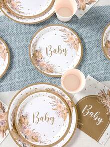 Bohemian Baby Shower Party Plate And Napkin Tableware Set, Bohemian Pampas Grass Floral Rainbow Arch Party Tableware Supplies For Baby Events, Boys And Girls Birthday Baby Shower Party,Gender Reveal Party