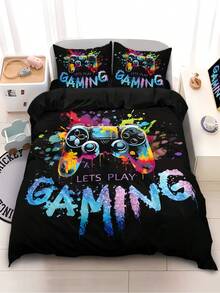 Conjunto de cama com 4 peças de controle de jogo de desenho animado preto impresso, incluindo 1 capa de edredom e 2 fronhas, 1 lençol, sem enchimento, macio e confortável, adequado para filha, quarto de namorada, design exclusivo de fecho de zíper para presente de cama decorativo, fácil de lavar e manter, adequado para uso diário, adiciona charme infantil à decoração aconchegante da casa