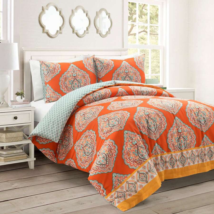 LUSH DECOR Harley Reversible Cotton Duvet Cover Tangerine 3Pc Set King Halloween-Fall Decor-Room Decor - Quýt - Xem 1