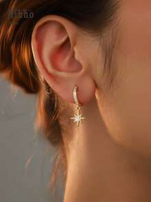 Hihho 1 Đôi bông tai hình ngôi sao 8 cánh, thời trang & quyến rũ dành cho nữ, bông tai tinh tế & hấp dẫn, đính đá Zirconia lấp lánh hình ngôi sao 8 cánh, kết hợp ngôi sao phù hợp với trang phục hàng ngày - Vàng - Xem 2