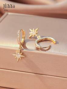 Hihho 1 Đôi bông tai hình ngôi sao 8 cánh, thời trang & quyến rũ dành cho nữ, bông tai tinh tế & hấp dẫn, đính đá Zirconia lấp lánh hình ngôi sao 8 cánh, kết hợp ngôi sao phù hợp với trang phục hàng ngày - Vàng - Xem 3