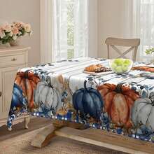 1pc Autumn Tablecloth, Vintage Farmhouse Tablecloth - Blue Pumpkin Pattern, Blue/Orange/Beige Plaid Border, Rectangular Polyester Dining Table Cover, Suitable For Thanksgiving, Harvest Party, Autumn Home Decor - Indoor/Outdoor Easy Clean, Durable Fabric, Rustic Theme, Essential For Holiday Hosts