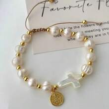 1pc Fashionable Jesus Mary Charms Religious Fresh Water Pearl Bracelet Cross Shaped Bead Charm Bracelet