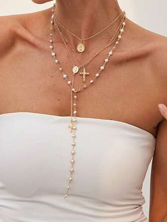 1/4pcs/Set Bohemian Style Vintage Metal Cross Y-Necklace Set, Suitable For Women's Daily And Holiday Wear, Gift For Friends On Festivals (Chain Length Based On Actual Item)