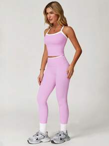 MASKERT 女士运动套装（两件套），背心和紧身裤，健身瑜伽运动服，紧身弹力跑步运动服，舒适亲肤，适合休闲和居家穿着。 - 粉色 - 查看 3