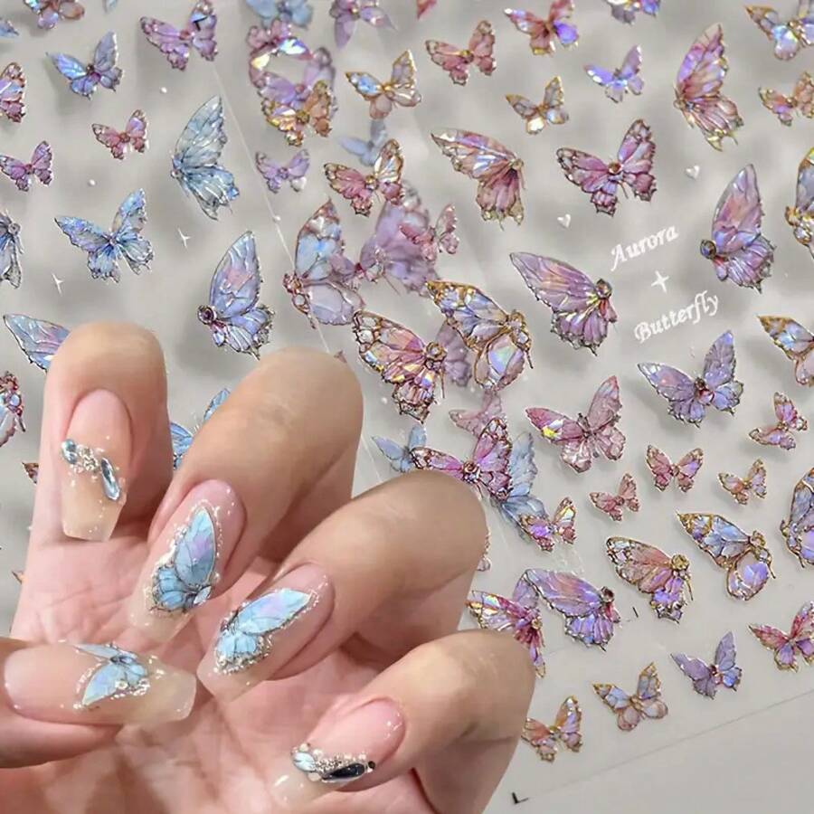 5D Butterfly Nail Art Stickers - Shimmering Iridescent Self-Adhesive Decals For Dazzling Manicures, Hypoallergenic Plastic Butterfly Designs In Assorted Colors (Pink, Blue, Green, Yellow), Beauty Decorations |   Shimmering Nail Stickers |   Plastic Nail Stickers, Nail Stickers For Nail Art - CA6647+CA6648 - 查看 1