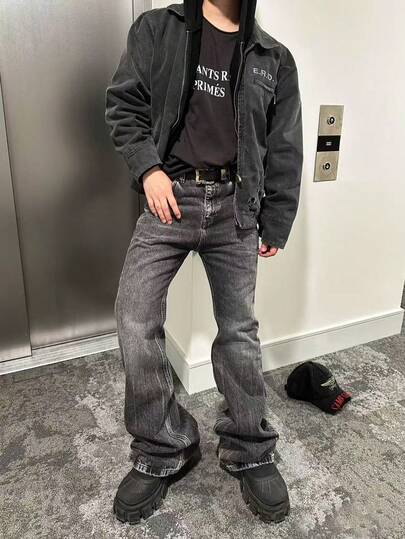 男士复古水洗雪花宽松版型复古街头风美式休闲低腰喇叭牛仔裤，弹力修身喇叭裤，2025春季新款，适合送给丈夫或男友