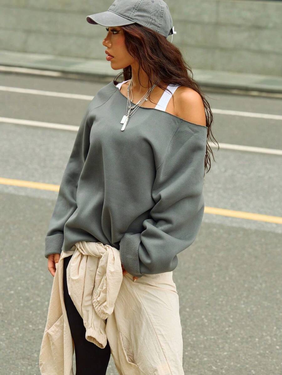 Women's One Shoulder Oversized Sweatshirt - Vintage Off Shoulder Gym Pullover In Moss Green | Casual Sportswear, Loose Fit Drop Shoulder Top For Streetwear & Lounge, Y2K Athleisure Style