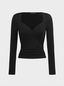 Minimalist Sexy Home Daily Casual American Hot Girl Deep V Neck Long Sleeve T-Shirt Sexy Inner Layer Base Shirt Unique Special Design Elastic Slim Fit Versatile Short Top, Women Halloween Outfit - Black - View 8