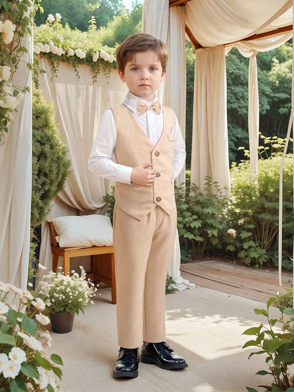 بدلة رسمية مناسبة للأولاد موديل 2025، 4 قطع تشمل قميص أبيض، سترة بلون واحد، ربطة عنق فراشة، وبنطلون، ملابس رسمية للأطفال للزفاف والعطلات والحفلات