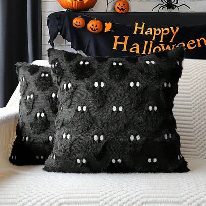 Halloween Ghost Plush Pillow Cover, 3D Fluffy Cushion Cover For Living Room Sofa, [Single Pillow Cover]