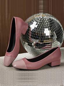 优雅女士紫色和粉色粗跟高帮鞋 - 时尚双色设计，轻质合成鞋面，透气休闲风格，浅口鞋，秋季，低厚鞋底舒适，日常时尚高跟鞋 | 时尚鞋头设计 | 透气结构 - 粉色 - 查看 1