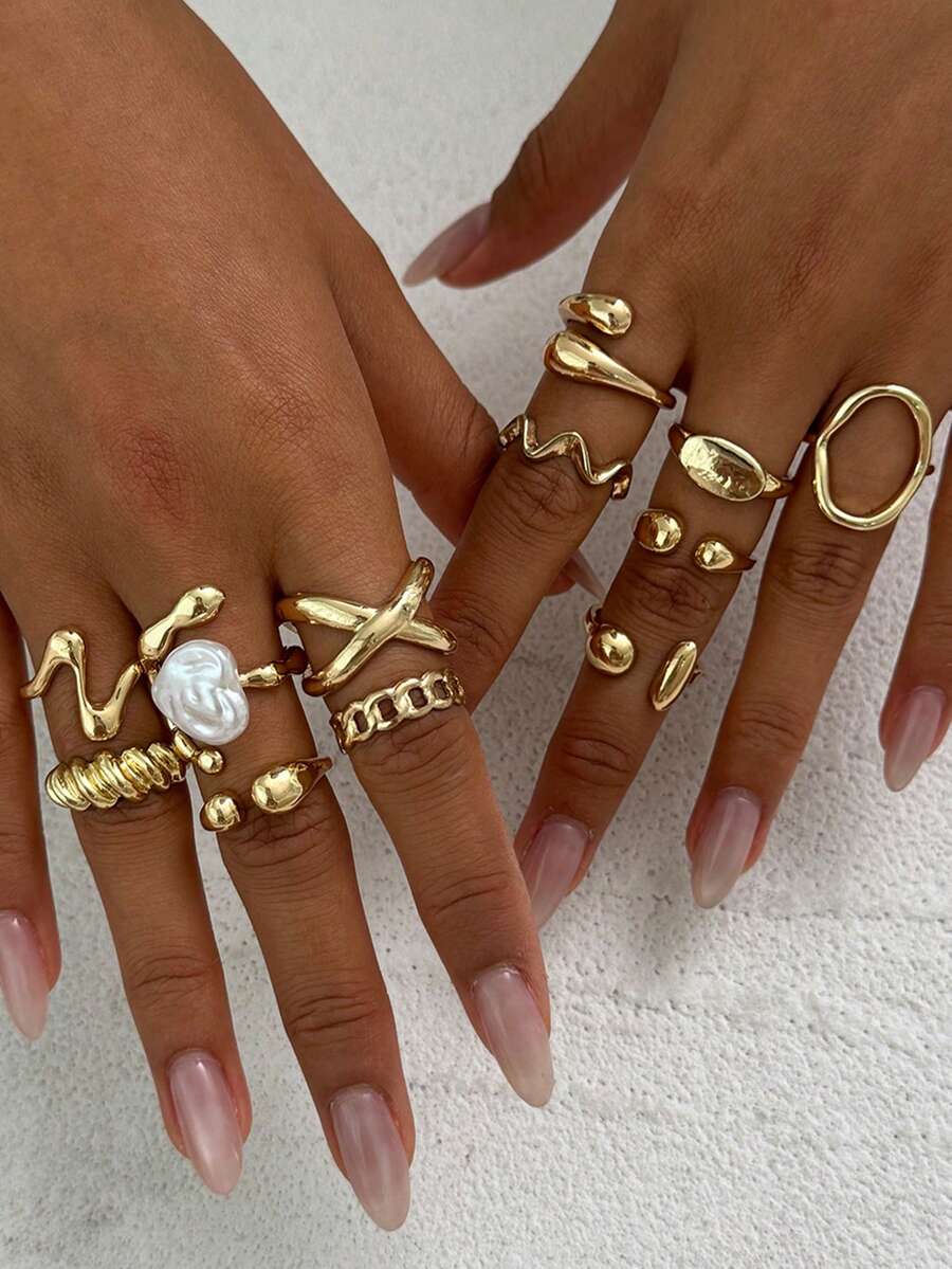 12pcs/Set Punk Style Rings Set, Vintage Geometric Rings Set For Women, Fashion Personalized Jewelry Gift, Suitable For Daily Outfit And Party Accessories