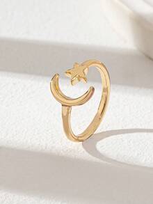 1枚可调节金色立方氧化锆月亮星星设计戒指，女士珠宝