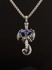 1pc Vintage Multi-Color Gemstone Dragon Sword Stainless Steel Pendant Necklace, Punk Style Unisex Couple Necklace For Daily Wear