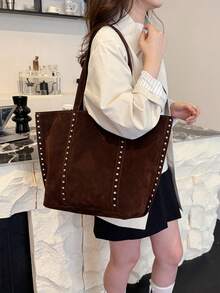 1 Túi đeo vai thời trang dành cho nữ, Túi tote đa năng dung tích lớn dành cho nữ, Trang trí đinh tán, Màu trơn dùng hàng ngày, Thích hợp để mua sắm, đi làm, đi học - Cà phê - Xem 4