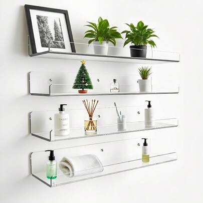 2个亚克力悬浮置物架 - 壁挂式储物架，浴室收纳架，儿童悬浮书架，适用于浴室、卧室或厨房 - 安装简便，可使用粘合剂（无需钻孔）或螺丝（需要钻孔）固定 - 现代置物架