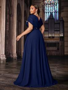 经典款大码女士夏季正式晚礼服，高档派对礼服，适合派对、生日、晚宴等场合，雪纺短袖亮片拼接长裙，春季婚纱礼服 - 藏蓝色 - 查看 2