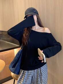 Loose Fit Versatile Off Shoulder Long Sleeve T-Shirt, Elegant Casual Layering Top, Spring/Summer