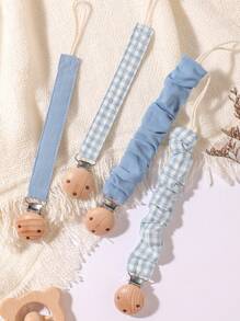 4 piezas de Clips para chupetes de bebé, a cuadros, lunares, unicolor azul/rosa/caqui, clips de chupete de madera con 3 agujeros, aptos para uso diario