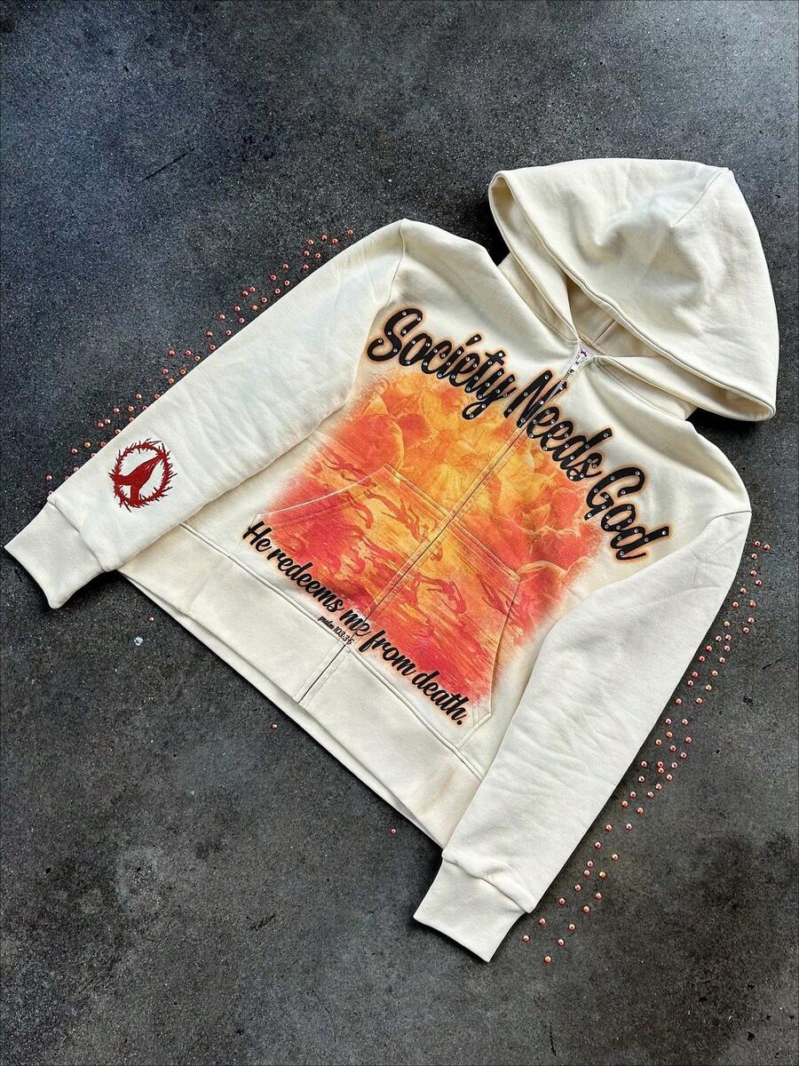 Men's Street Casual Hoodie Printed With Rhinestones, Long Sleeved Pullover Hoodie, Retro Jacket, Street Y2k - trắng - Xem 1