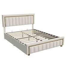 HOKZYHOUSE Letto imbottito 140 x 200 cm, letto matrimoniale con contenitore idraulico e rete a doghe, letto contenitore, righe verticali con bordi dorati, velluto, beige - Beige - Visualizzare 9